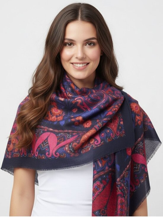 Floral Pashmina Style Scarf Wrap Shawl Navy Pink Paisley Tassel Fringed Cotton - Picture 1 of 5